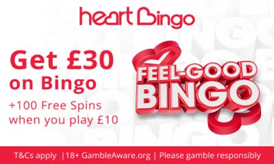 Play £10 and get £30 on Bingo + 100 Free Spins